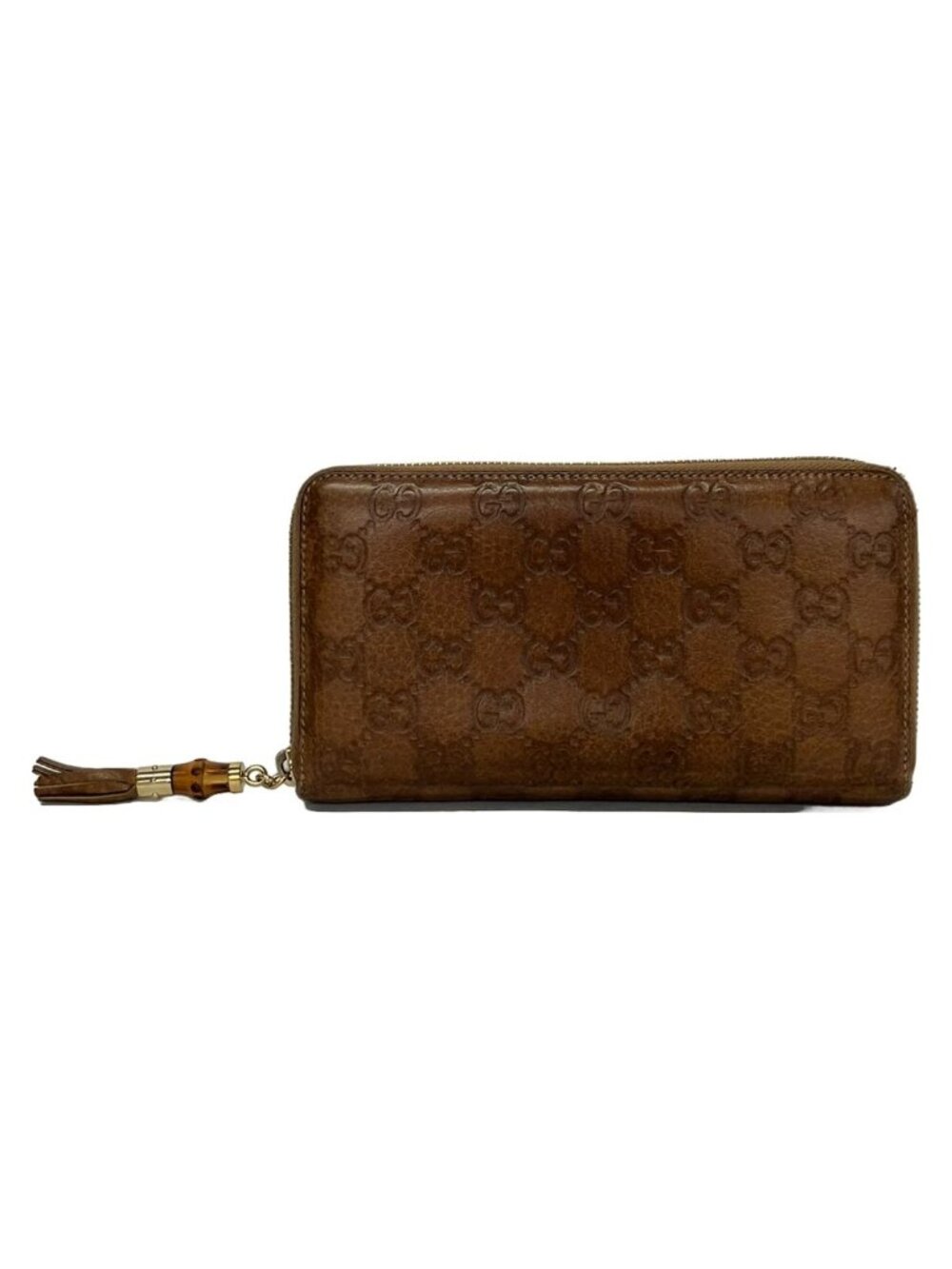 Gucci Wallet Bamboo Brown Embossed Zip Around Leather